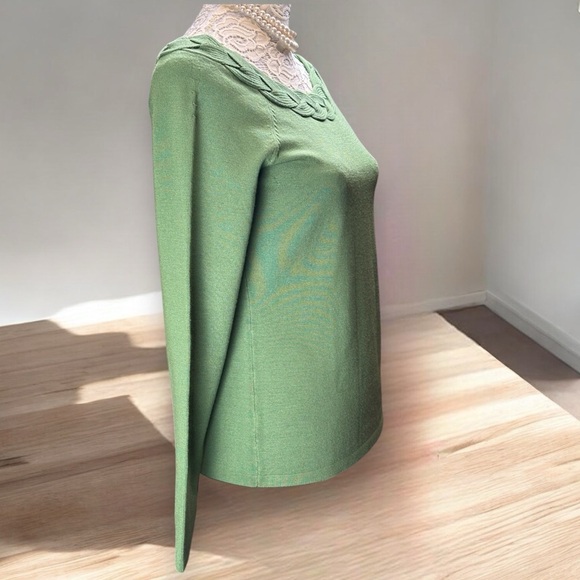 Ann Taylor Green Marino wool Blend Sweater Women's M Braided Boat Neck Chic Flaw - Picture 2 of 10
